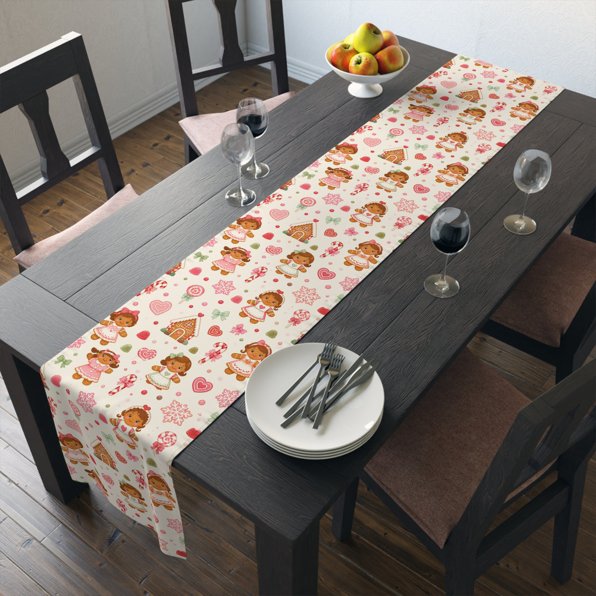 Gingerbread Girl Table Runner, Christmas Candyland Dining Decor, Pink Holiday Tablecloth, Whimsical Winter Decor