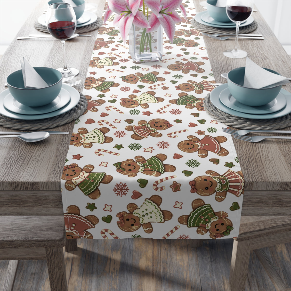 Gingerbread Christmas Table Runner, Cookie Exchange Decor, Holiday Dining Decor, Christmas Dinner Table Decoration - Sideway Design
