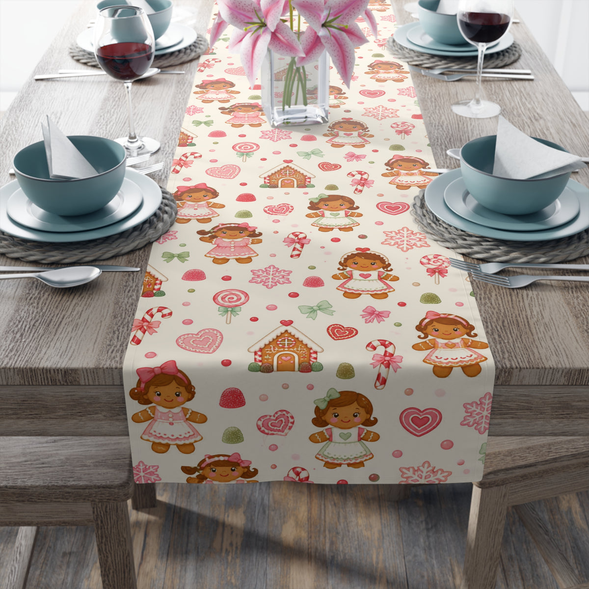 Gingerbread Girl Table Runner, Christmas Candyland Dining Decor, Pink Holiday Tablecloth, Whimsical Winter Decor