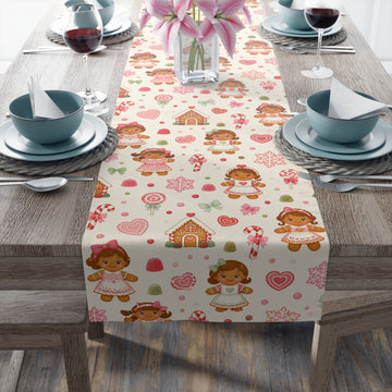 Gingerbread Girl Table Runner, Christmas Candyland Dining Decor, Pink Holiday Tablecloth, Whimsical Winter Decor