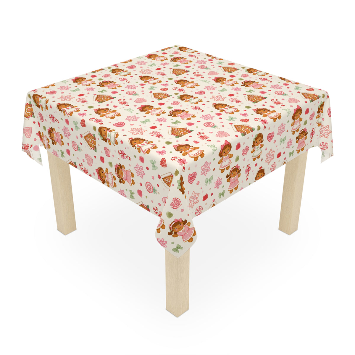 Gingerbread Girl Christmas Tablecloth, Pink Holiday Candy Table Cover, Christmas Party & Cookie Exchange Decor
