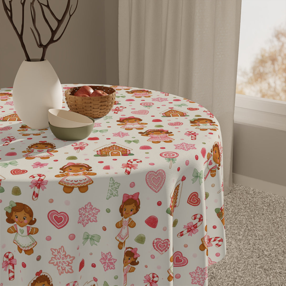 Gingerbread Girl Christmas Tablecloth, Pink Holiday Candy Table Cover, Christmas Party & Cookie Exchange Decor