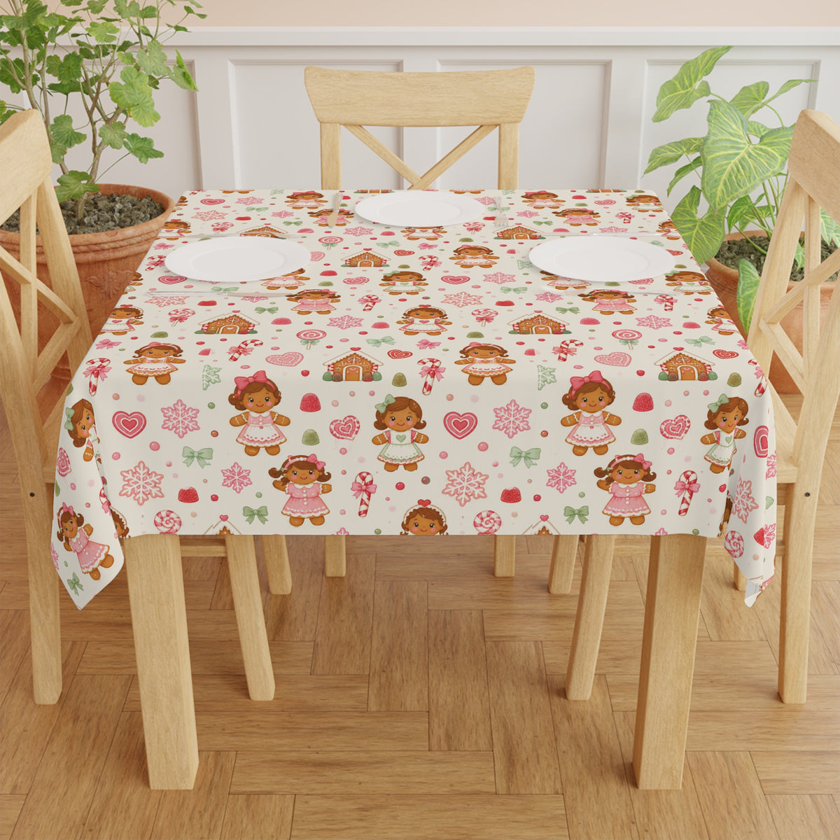 Gingerbread Girl Christmas Tablecloth, Pink Holiday Candy Table Cover, Christmas Party & Cookie Exchange Decor