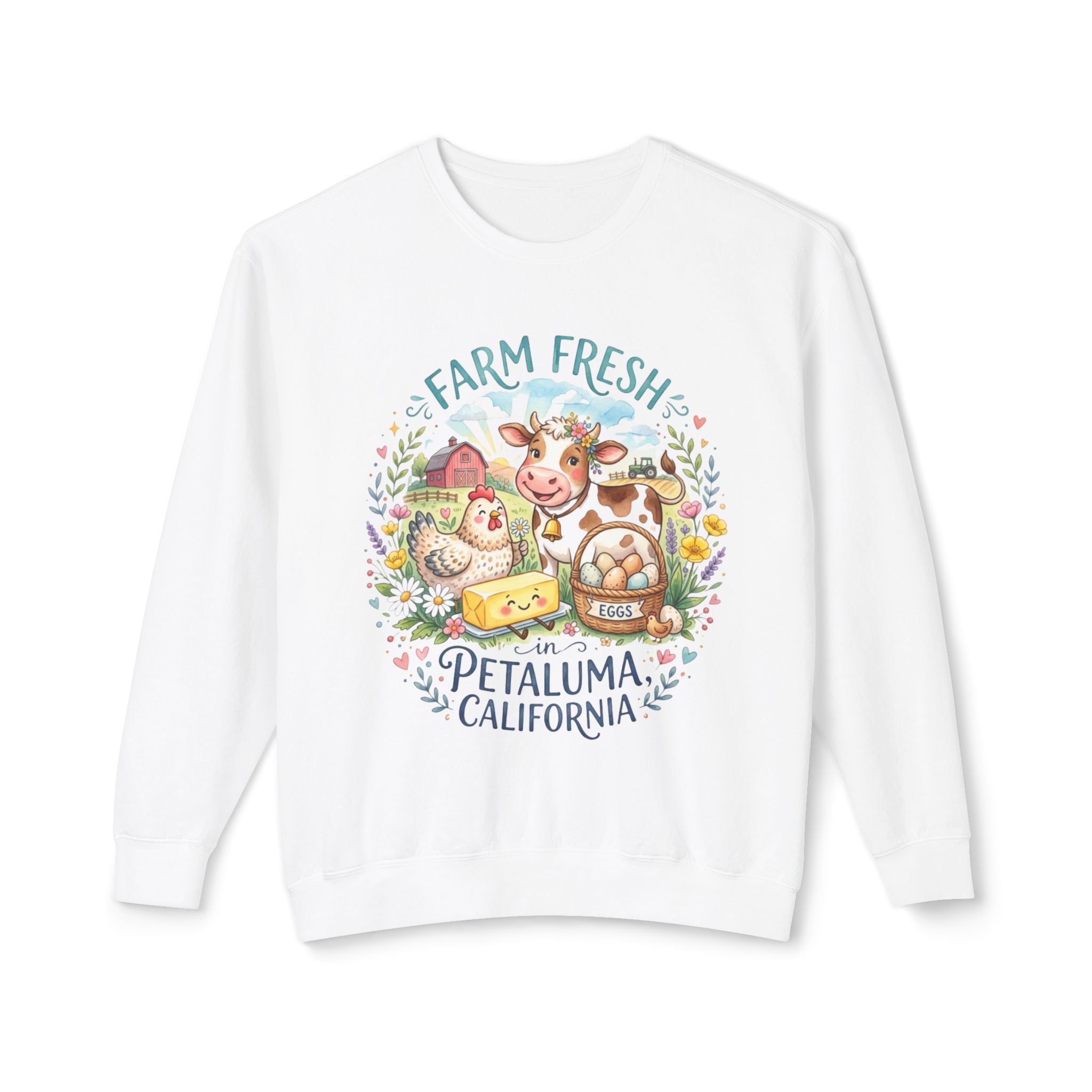 Farm Fresh Crewneck Sweatshirt, Rustic Country Style Sweatshirt, Petaluma California Gift, Cozy 100% Cotton Sweater, Cow Chicken Design