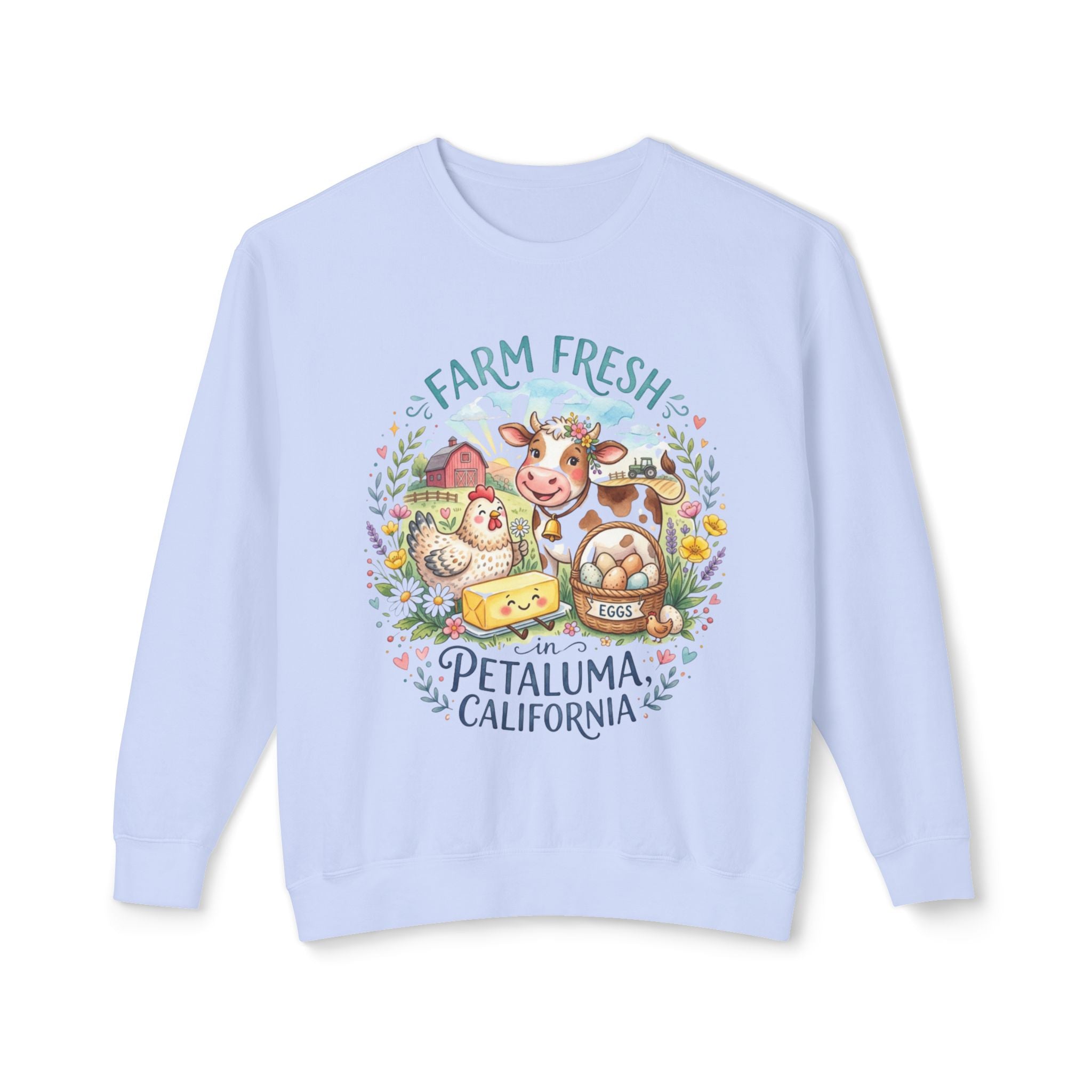 Farm Fresh Crewneck Sweatshirt, Rustic Country Style Sweatshirt, Petaluma California Gift, Cozy 100% Cotton Sweater, Cow Chicken Design