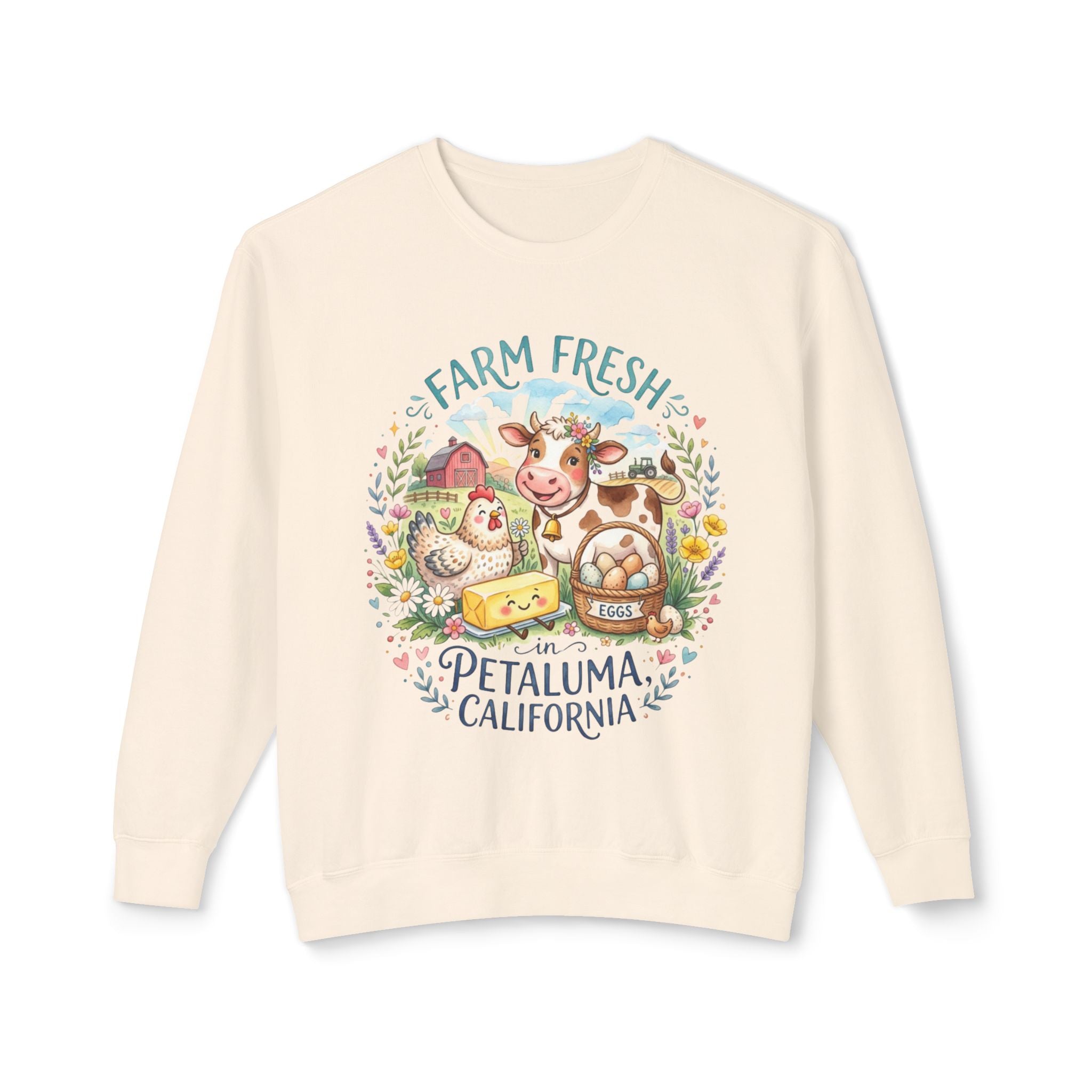 Farm Fresh Crewneck Sweatshirt, Rustic Country Style Sweatshirt, Petaluma California Gift, Cozy 100% Cotton Sweater, Cow Chicken Design