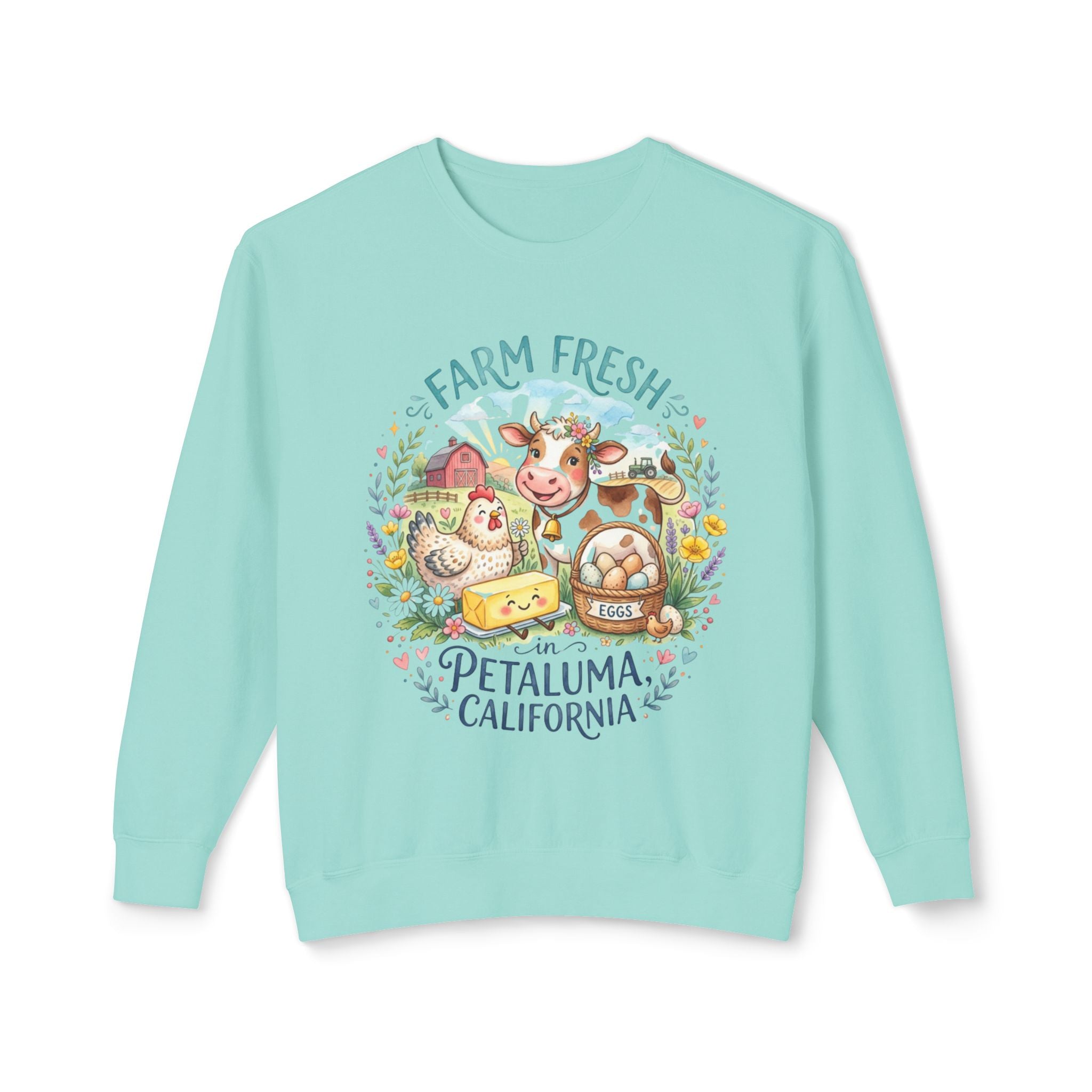 Farm Fresh Crewneck Sweatshirt, Rustic Country Style Sweatshirt, Petaluma California Gift, Cozy 100% Cotton Sweater, Cow Chicken Design