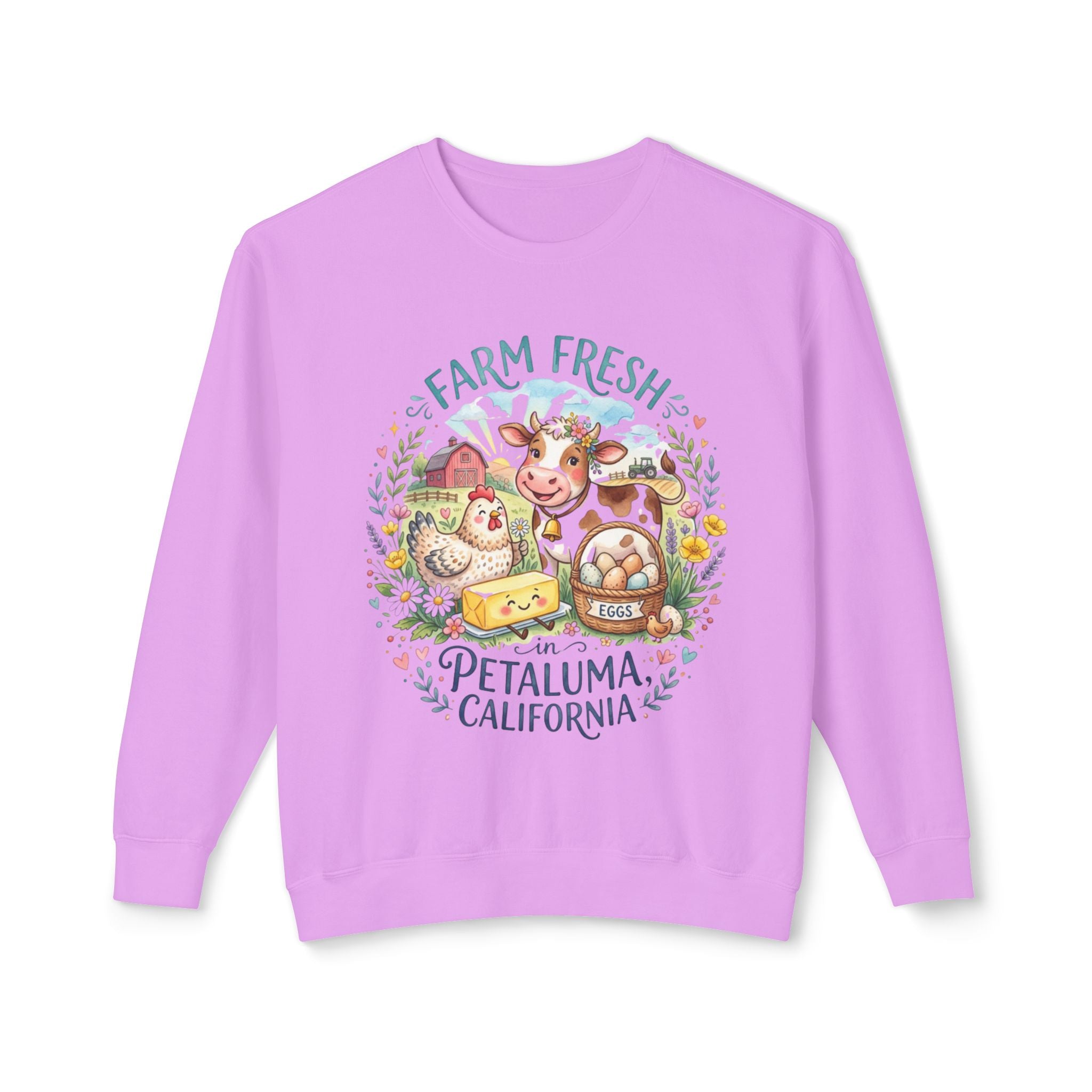 Farm Fresh Crewneck Sweatshirt, Rustic Country Style Sweatshirt, Petaluma California Gift, Cozy 100% Cotton Sweater, Cow Chicken Design