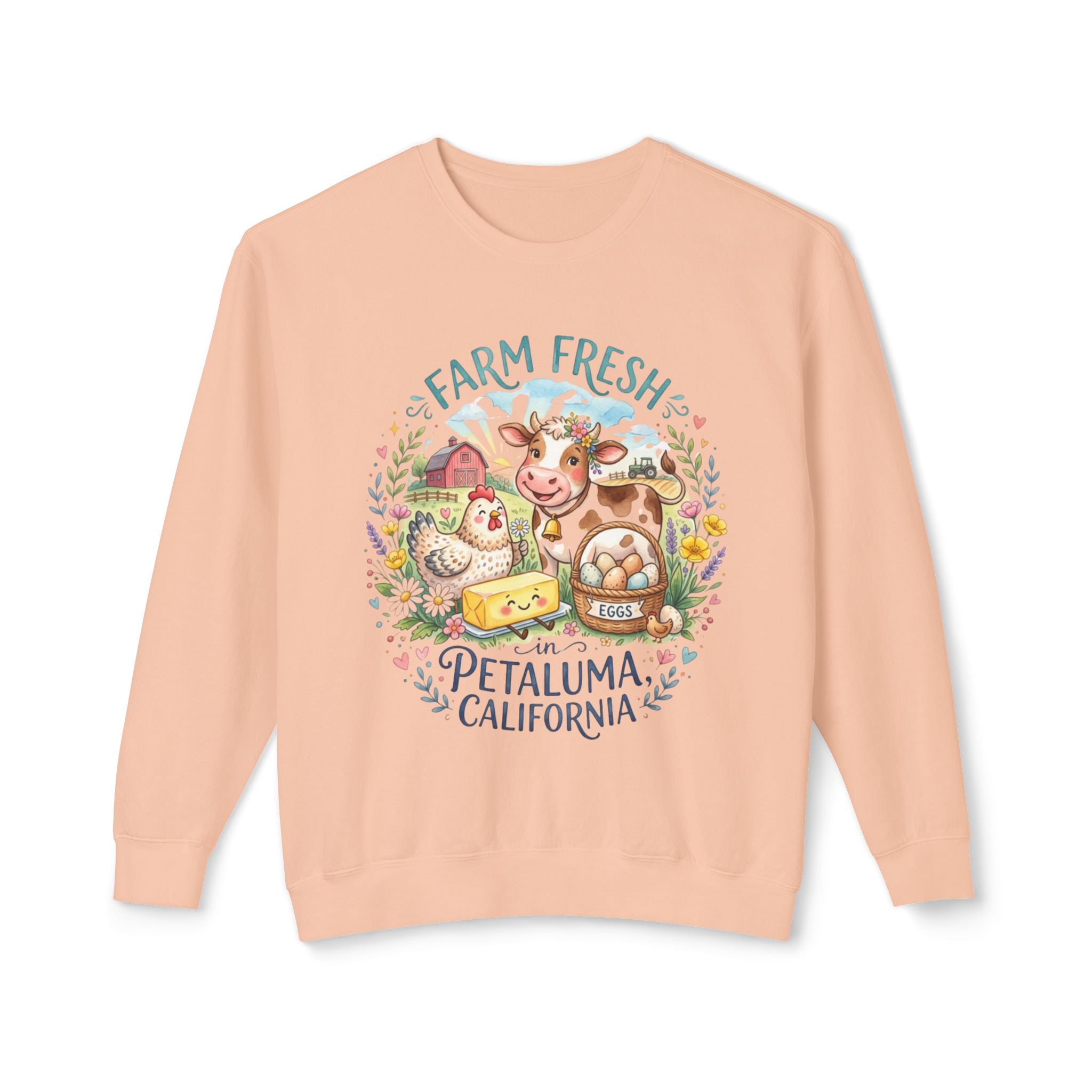 Farm Fresh Crewneck Sweatshirt, Rustic Country Style Sweatshirt, Petaluma California Gift, Cozy 100% Cotton Sweater, Cow Chicken Design