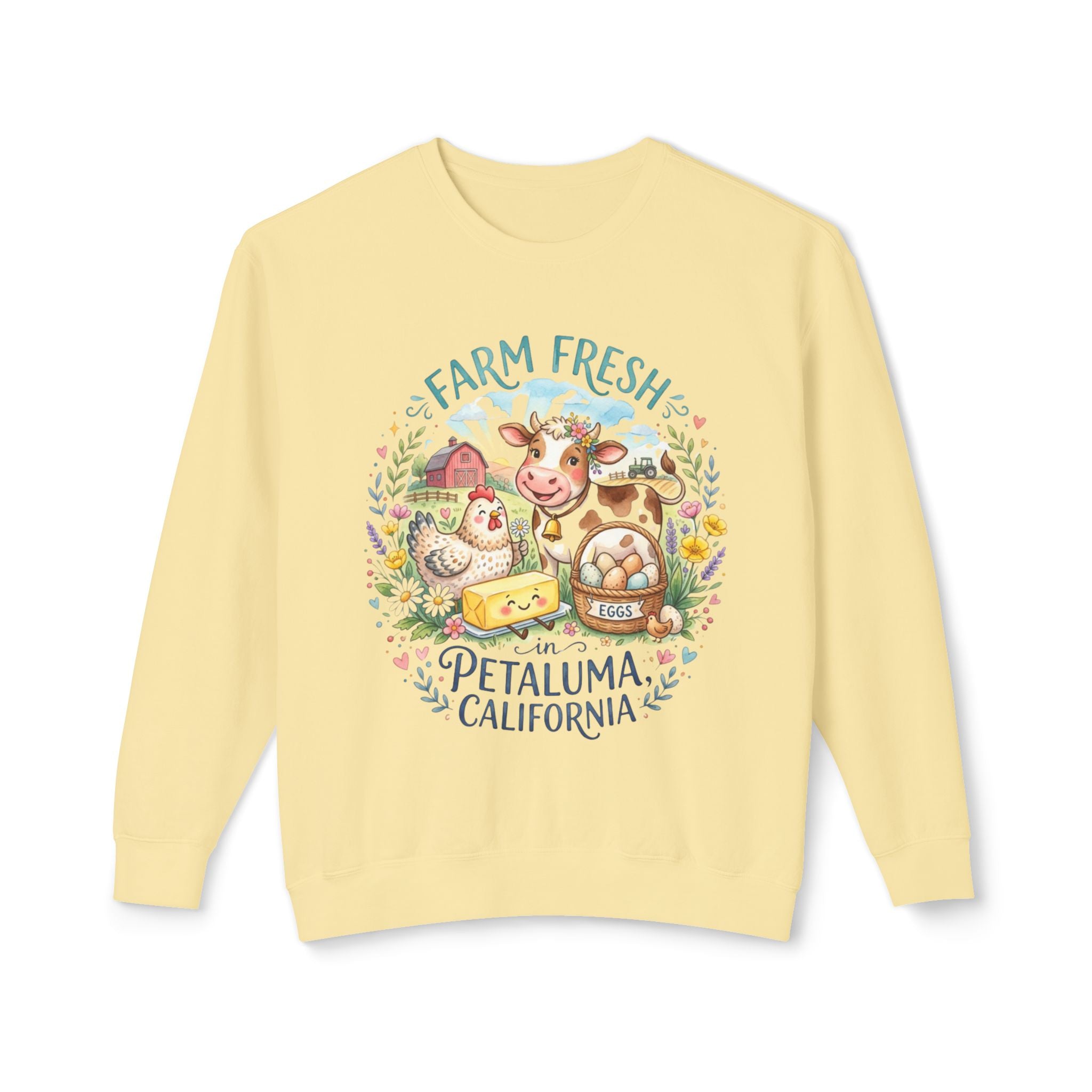 Farm Fresh Crewneck Sweatshirt, Rustic Country Style Sweatshirt, Petaluma California Gift, Cozy 100% Cotton Sweater, Cow Chicken Design